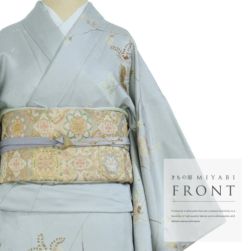 訪問着 リサイクル 身丈159.5cm 裄64.4cm 袷 桐柄 松竹梅柄 金駒刺繍 箔加工 グレー Mサイズ フォーマル セミフォーマル しつけ糸 正絹 広衿 Sランク