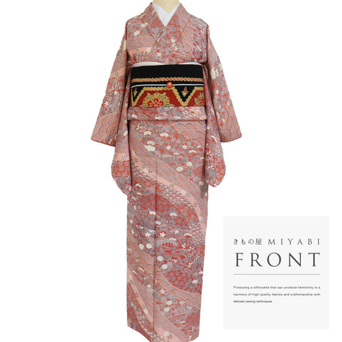 小紋 リサイクル 身丈159.6cm 裄64.4cm 袷 風景に松や菊柄 総柄 ゆったりサイズ ピンク Mサイズ お洒落 正絹 広衿 Sランク