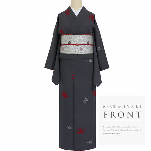 小紋 リサイクル 身丈161cm 裄65.6cm 袷 花柄 パールトーン加工 グレー Lサイズ カジュアル お洒落 しつけ糸 正絹 バチ衿 Sランク