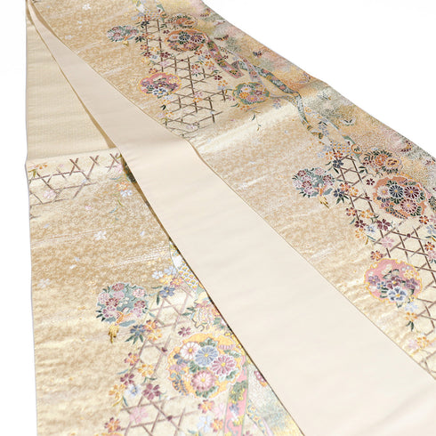 袋帯 リサイクル 帯丈440cm 六通 雪輪献上文様 華長寿祝絵図 証紙2365 ゴールド Mサイズ 正絹 Sランク フォーマル セミフォーマル