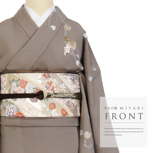 訪問着 リサイクル 身丈160.5cm 裄64.4cm 袷 雪輪 葡萄柄 箔加工 ブラウン Lサイズ セミフォーマル お洒落 正絹 広衿 Sランク