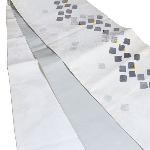 京袋帯 リサイクル 帯丈374cm 全通 幾何学模様 アイボリー Mサイズ 不明 Sランク お洒落 カジュアル