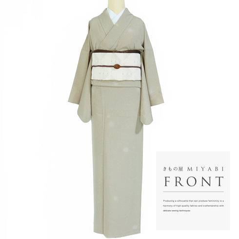 小紋 リサイクル 身丈155cm 裄65cm 袷 飛び鹿子柄 ゆったりサイズ ベージュ Sサイズ セミフォーマル 一つ紋 正絹 広衿 Sランク