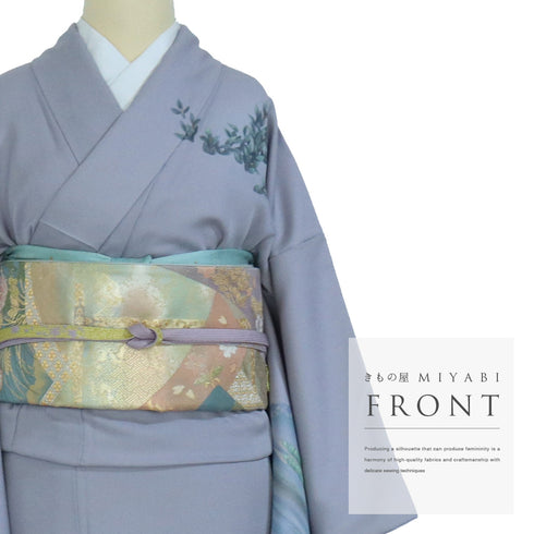 訪問着 リサイクル 身丈167.5cm 裄66.4cm 袷 京都嵐山渡月橋柄 箔 パープル LLサイズ お洒落 正絹 広衿 Sランク