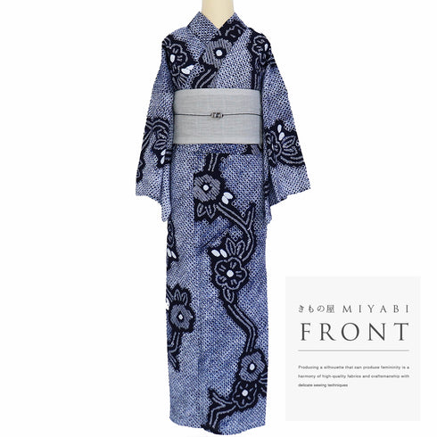 浴衣 リサイクル 夏着物 身丈150.5cm 裄66.4cm 夏物 絞り 花柄 ネイビー Sサイズ カジュアル お洒落 木綿 洗える着物 バチ衿 Sランク