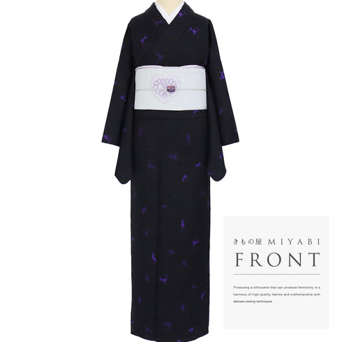 小紋 リサイクル 身丈163.5cm 裄66cm 単衣 猫柄 ゆったりサイズ ブラック Lサイズ お洒落 カジュアル 混合 洗える着物 広衿 Sランク