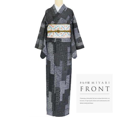 小紋 リサイクル 身丈163cm 裄65.4cm 袷 寄せ柄 パールトーン加工 ブラック Lサイズ お洒落 正絹 広衿 Sランク