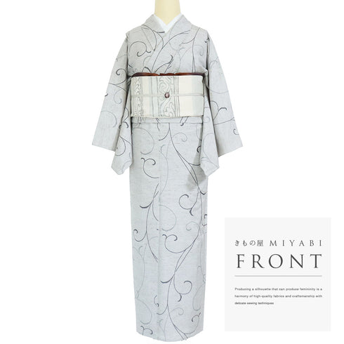 紬 リサイクル 身丈155.5cm 裄64.6cm 単衣 ぜんまい織 唐草模様 グレー Mサイズ カジュアル お洒落 証紙 混合 洗える着物 広衿 Sランク