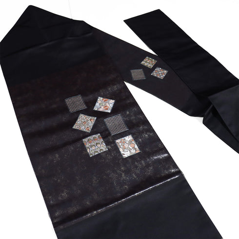 名古屋帯 リサイクル 帯丈380cm ポイント柄 ブラック Lサイズ 正絹 未使用品 カジュアル お洒落