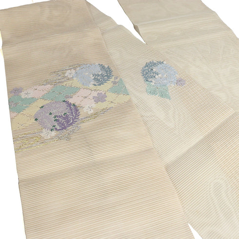 名古屋帯 リサイクル 帯丈381cm ポイント柄 8寸 絽 花柄 金銀糸加工 アイボリー Lサイズ 不明 Sランク カジュアル