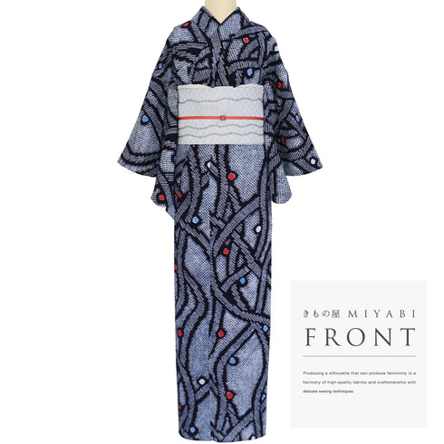 浴衣 リサイクル 夏着物 身丈148.6cm 裄62.8cm 夏物 絞り デザイン曲線柄 ネイビー SSサイズ カジュアル しつけ糸 木綿 洗える着物 バチ衿 Sランク