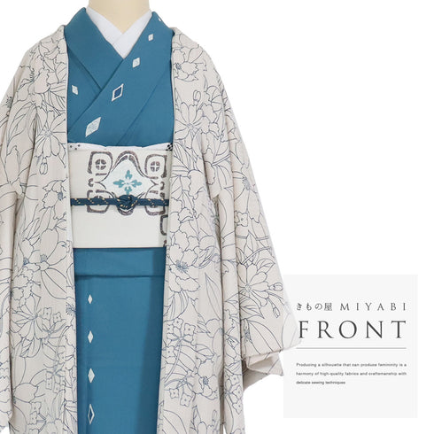 羽織 リサイクル 身丈108cm 裄68cm 袷 ロング丈 花柄 アイボリー Lサイズ お洒落 正絹 Sランク