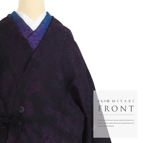 道中着 リサイクル 身丈120cm 裄67.2cm 単衣 ペイズリー柄 地紋 箔 ロング丈 ブラック Lサイズ お洒落 正絹 Sランク