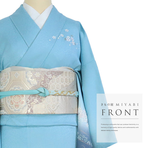 訪問着 リサイクル 身丈151cm 裄62.8cm 袷 小花柄 ブルー Sサイズ お洒落 正絹 広衿 Sランク