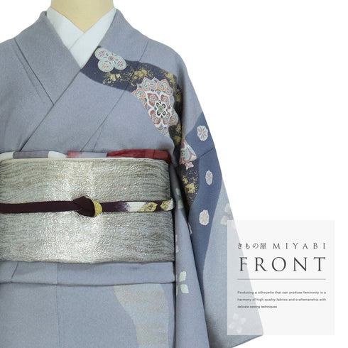 訪問着 リサイクル 身丈160.5cm 裄64.8cm 袷 華紋や花唐草柄 金駒刺繍 グレー Lサイズ フォーマル 一つ紋 正絹 広衿 Sランク