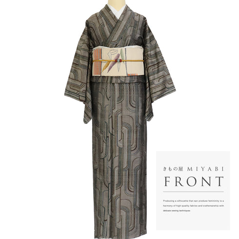 紬 リサイクル 身丈158cm 裄64cm 袷 幾何学模様 パールトーン加工 ブラウン Mサイズ お洒落 カジュアル しつけ糸 正絹 広衿 Sランク