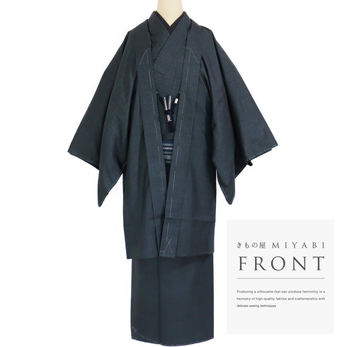 アンサンブル 男物 リサイクル 身丈145cm 裄71.2cm 羽織丈98cm 袷 大島紬 ネイビー Mサイズ お洒落 カジュアル しつけ糸 正絹 棒衿 Sランク