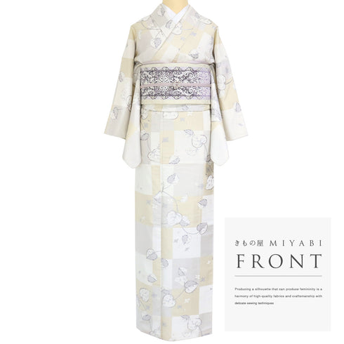 紬 リサイクル 身丈153.8cm 裄63.2cm 袷 市松に葉や小花柄 箔 ベージュ Sサイズ お洒落 カジュアル 正絹 広衿 Sランク