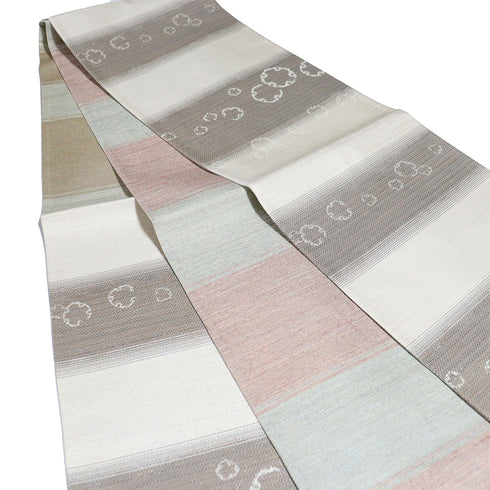 袋帯 リサイクル 帯丈438cm 六通 ボーダー柄 雪輪柄 ベージュ Mサイズ 正絹 Sランク お洒落