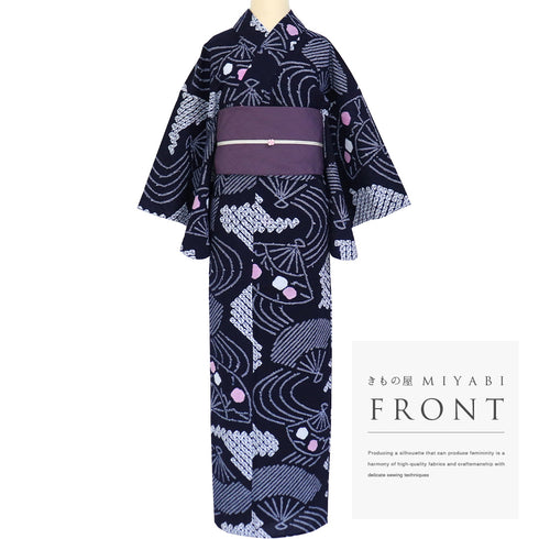 浴衣 リサイクル 夏着物 身丈149cm 裄62.5cm 夏物 絞り 扇子柄 ネイビー SSサイズ カジュアル 木綿 洗える着物 バチ衿 Sランク