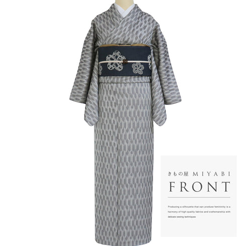 紬 リサイクル 身丈163cm 裄65.6cm 袷 紋お召し 幾何学柄 グレー Lサイズ お洒落 証紙 正絹 広衿 Sランク