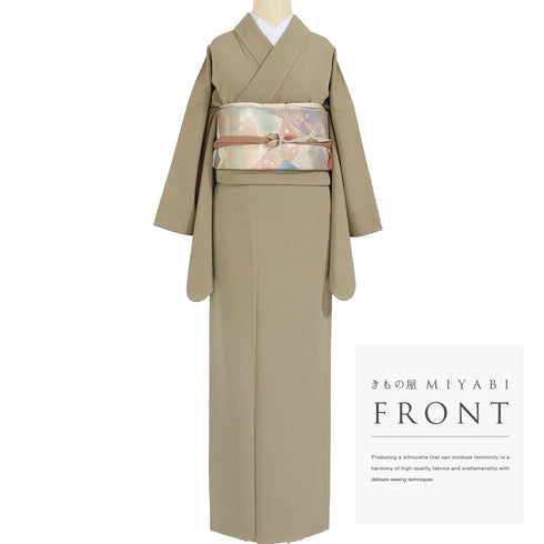 色無地 リサイクル 身丈167cm 裄66.4cm 袷 ブラウン LLサイズ セミフォーマル 一つ紋 しつけ糸 正絹 広衿 地紋なし 新品・未使用品