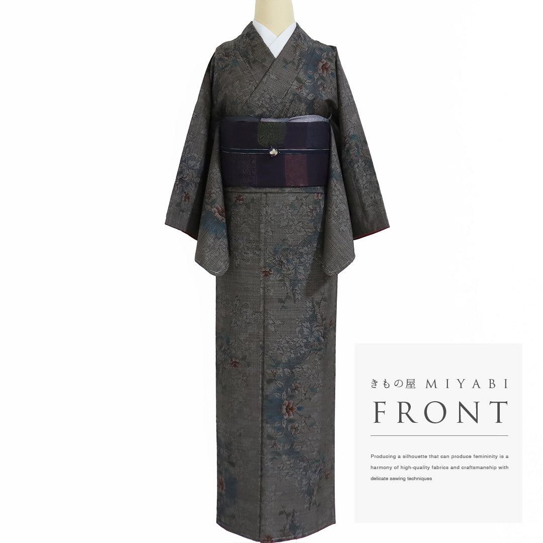 リサイクル着物 大島紬 袷 身丈157.8cm 裄65cm 花枝柄 カジュアル S