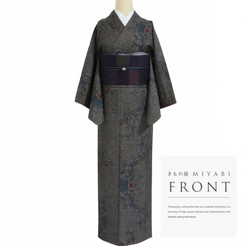 大島紬 リサイクル 身丈157.8cm 裄65cm 袷 花枝柄 ブラウン Mサイズ お洒落 カジュアル 証紙 正絹 広衿 Sランク