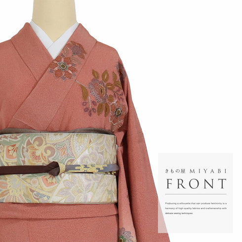 訪問着 リサイクル 身丈168.5cm 裄69.2cm 袷 華唐草柄 汕頭刺繍 オレンジ LLサイズ セミフォーマル 正絹 広衿 Sランク