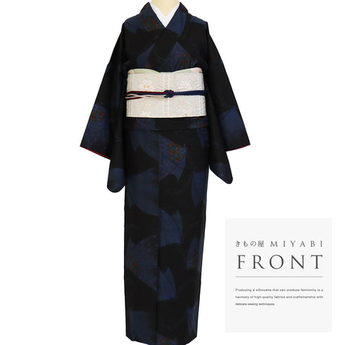 紬 リサイクル 身丈162.8cm 裄65.6cm 袷 蝶々柄 ブラック Lサイズ カジュアル お洒落 正絹 広衿 Sランク