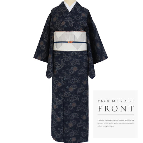 紬 リサイクル 身丈155cm 裄62.4cm 袷 花柄 ネイビー Sサイズ カジュアル お洒落 正絹 広衿 Sランク