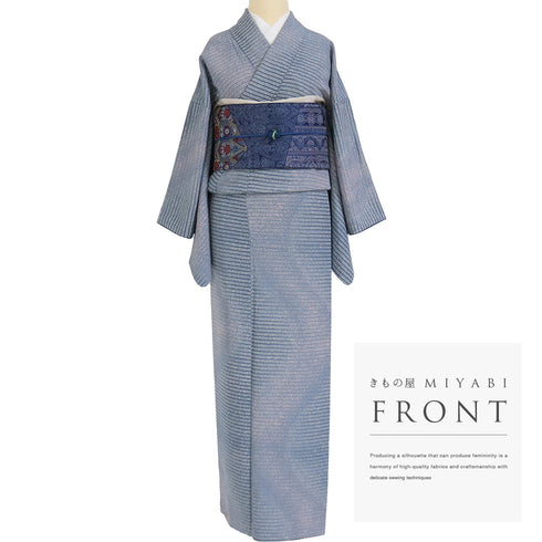 小紋 リサイクル 身丈155.5cm 裄64.6cm 袷 横縞ボカシ たたき ブルー Mサイズ お洒落 正絹 広衿 Sランク