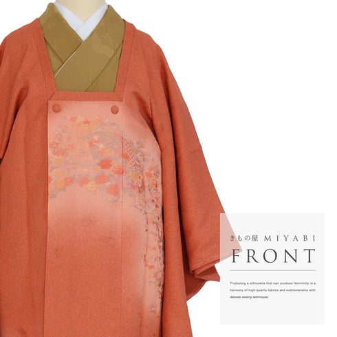 道行コート リサイクル 身丈83.5cm 裄64.6cm 袷 絵羽柄 刺繍 地紙に花柄 オレンジ Mサイズ お洒落 しつけ糸 正絹 Sランク