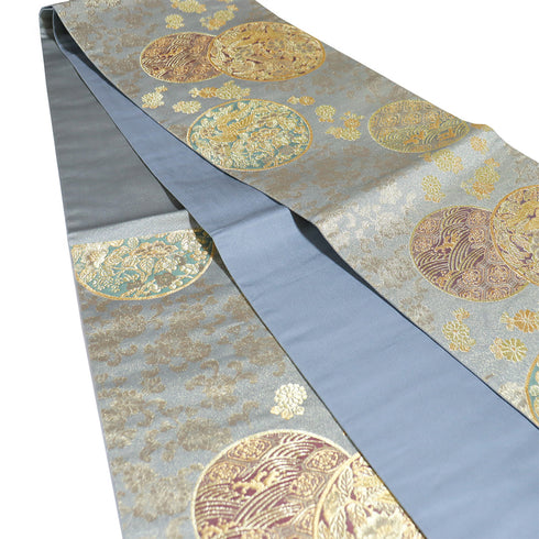 袋帯 リサイクル 帯丈438cm 六通 松に鳥や花柄 本金箔蒔絵 グレー Mサイズ 正絹 Sランク フォーマル セミフォーマル