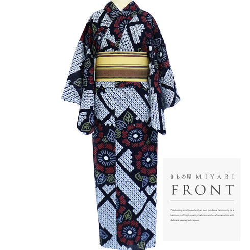 浴衣 リサイクル 夏着物 身丈151.5cm 裄64.4cm 夏物 絞り 花柄 ネイビー Sサイズ カジュアル 木綿 洗える着物 バチ衿 Aランク