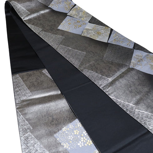 袋帯 リサイクル 帯丈440cm 六通 梅や笹柄 寿松色紙文 シルバー Mサイズ 正絹 新品・未使用品 フォーマル お洒落