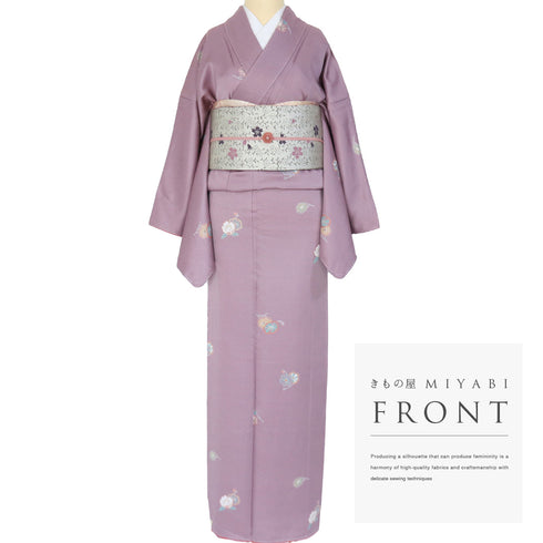 小紋 リサイクル 身丈171.5cm 裄68.4cm 袷 パールトーン加工 花柄 飛び柄 大和の歴史 パープル LLサイズ お洒落 証紙 しつけ糸 正絹 広衿 Sランク