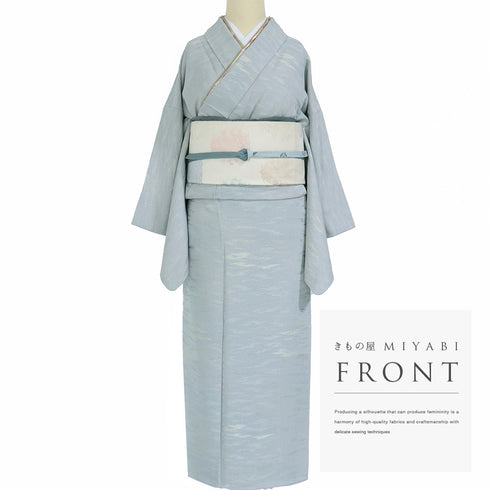 小紋 リサイクル 身丈157.5cm 裄63.2cm 袷 霞柄 ブルー Mサイズ セミフォーマル 落款 一つ紋 正絹 広衿 Sランク