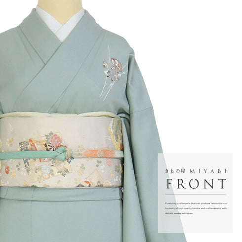 付下げ リサイクル 身丈160cm 裄66.8cm 袷 丸に扇子柄 金駒刺繍 グリーン Mサイズ セミフォーマル お洒落 正絹 広衿 Sランク