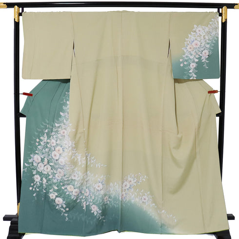 付下げ リサイクル 身丈164.2cm 裄69.2cm 袷 辻が花柄 絞り ゆったりサイズ グリーン Lサイズ お洒落 正絹 広衿 Sランク