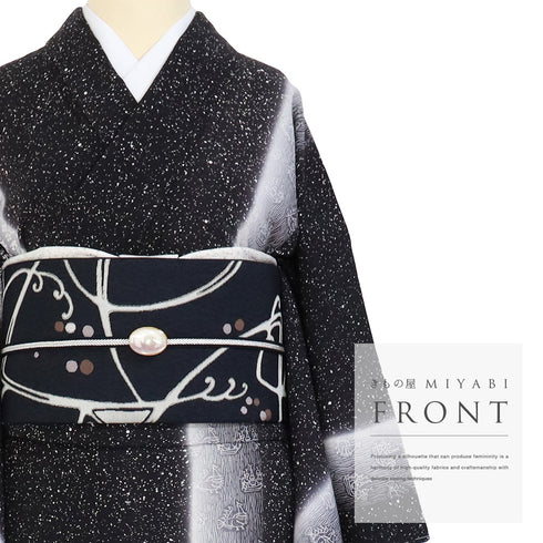 小紋 リサイクル 身丈154.5cm 裄65.2cm 袷 付下げ小紋 のり散らしに帆船柄 鳥模様 ブラック Sサイズ お洒落 しつけ糸 正絹 広衿 未使用品