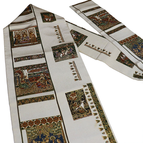 名古屋帯 リサイクル 帯丈379cm 全通 エスニック柄 グレー Mサイズ 正絹 Aランク お洒落