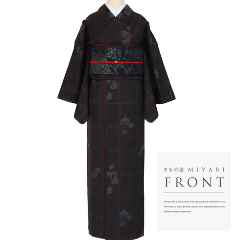 小紋 リサイクル 身丈162.5cm 裄66.6cm 袷 格子に蔦柄 地紋 ブラック Lサイズ お洒落 カジュアル ポリエステル 洗える着物 広衿 新品・未使用品