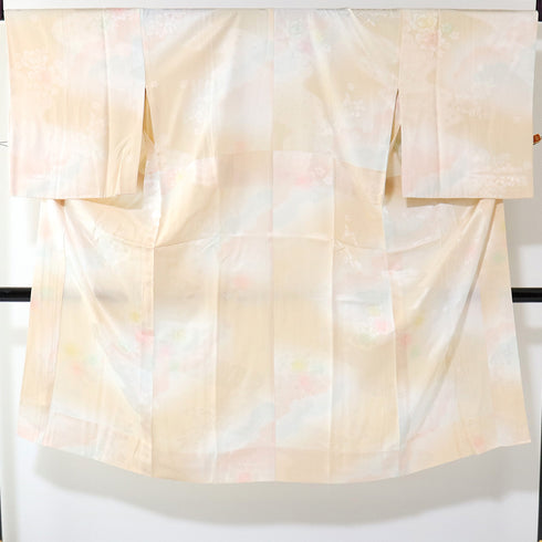 長襦袢 リサイクル 長襦袢 身丈127.5cm 裄68.8cm 袷 牡丹柄 地紋 刺繍半衿 後身頃居敷当て付き ぼかし オレンジ LLサイズ 正絹 袖無双 Sランク