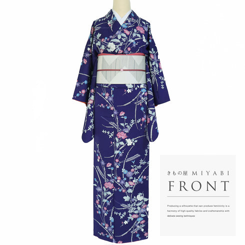 小紋 リサイクル 身丈154cm 裄62.8cm 袷 花柄 扇子柄 パープル Sサイズ お洒落 カジュアル 正絹 広衿 Sランク