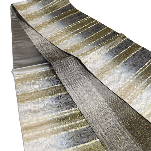 袋帯 リサイクル 帯丈448cm 六通 横段柄 本泥染袋帯 グレー Mサイズ 正絹 新品・未使用品 セミフォーマル お洒落