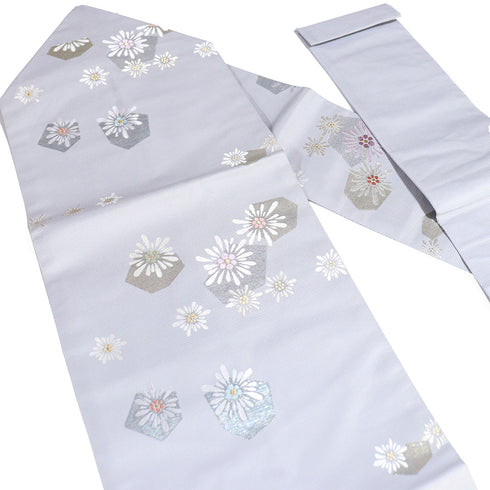 名古屋帯 リサイクル 帯丈362.5cm ポイント柄 花柄 グレー Mサイズ 正絹 Sランク お洒落