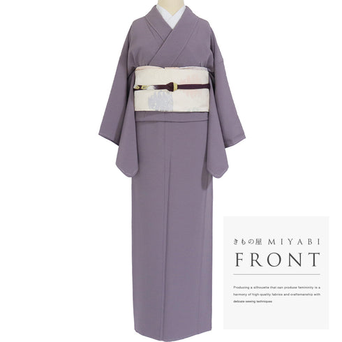 色無地 リサイクル 身丈156.5cm 裄62.6cm 袷 草木染 仕立て上がり パープル Mサイズ セミフォーマル しつけ糸 正絹 広衿 地紋なし Sランク