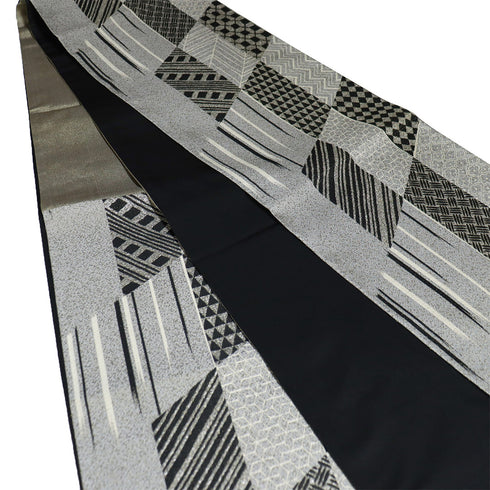 袋帯 リサイクル 帯丈432cm 六通 幾何学柄 グレー Sサイズ 正絹 新品・未使用品 お洒落