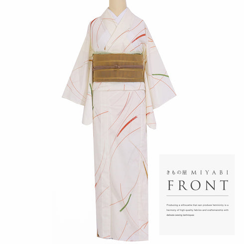 小紋 リサイクル 夏着物 身丈159.5cm 裄63.4cm 絽 稲穂柄 アイボリー Mサイズ カジュアル 不明 広衿 Sランク